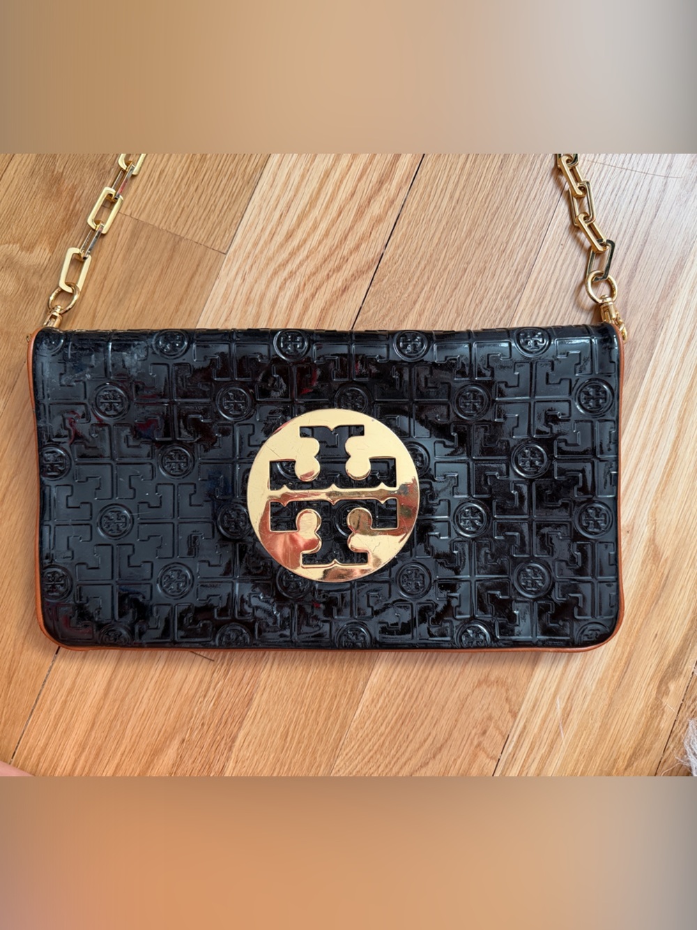 Tory Burch Black Patent Leather Handbag with Gold-Tone Logo
